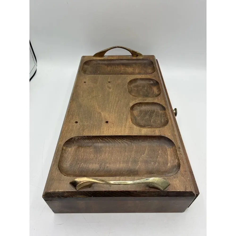 Vintage Japanese Wood Mens Valet Dresser Caddy Brass Handles Red Lined Drawer